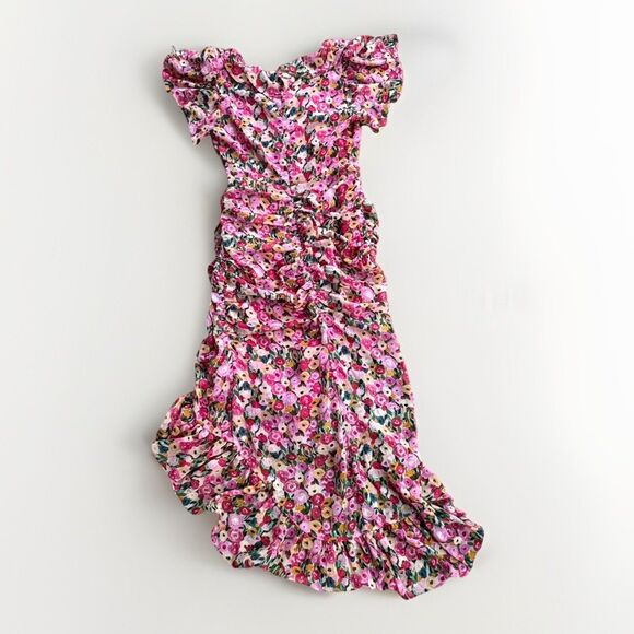 ASTR The Label Dress Size M Vilma Floral Ruffle Ruched Midi Red Pink Floral Boho - Picture 4 of 14